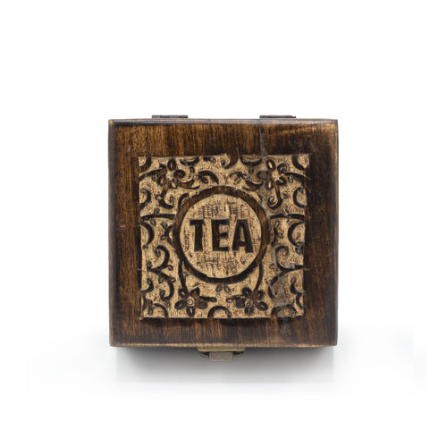 Mango Wood Carved Tea Box - 4 Compartments