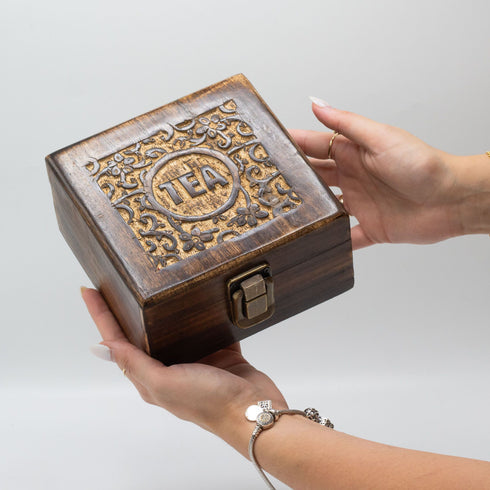 Mango Wood Carved Tea Box - 4 Compartments
