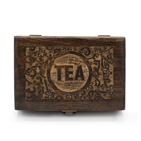Mango Wood Carved Tea Box - 6 Compartments