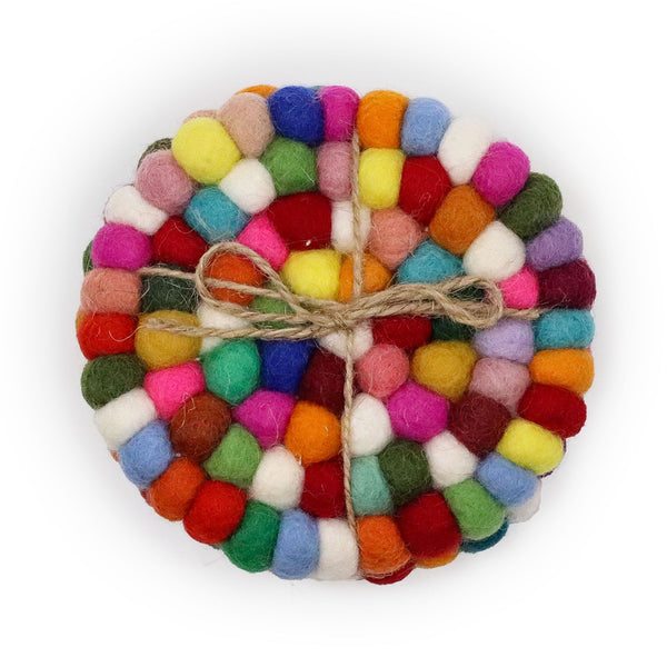Felt Ball Round Coasters - Multi-Colour - Set of 4