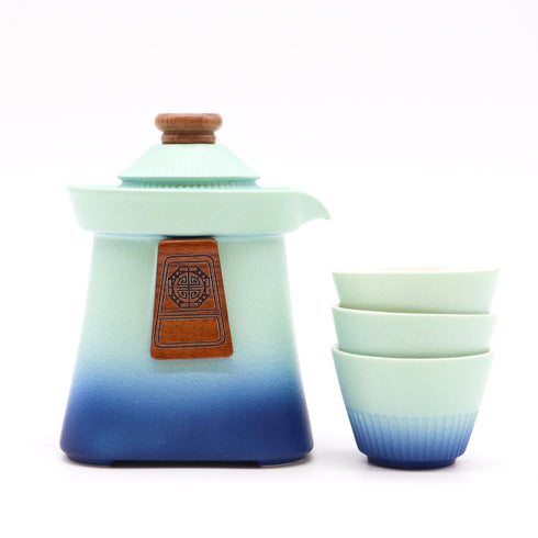Temple Teapot Set with Three Cups - Blue Heaven