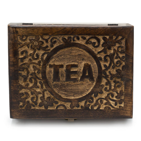 Mango Wood Carved Tea Box - 12 Compartments