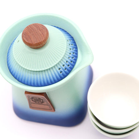 Temple Teapot Set with Three Cups - Blue Heaven