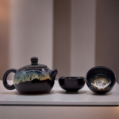 Herbal Black Glaze Teapot Set - Pot with Two Cups
