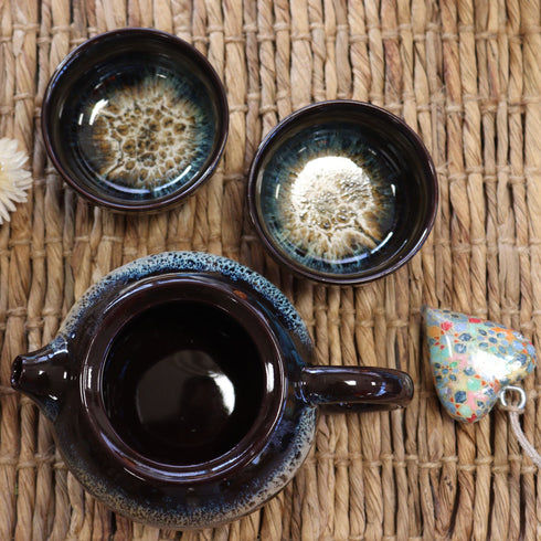 Herbal Black Glaze Teapot Set - Pot with Two Cups